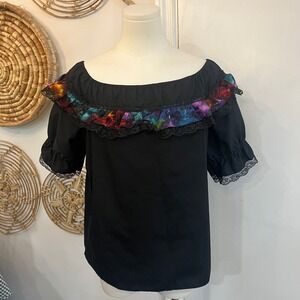 Vintage Square Dance Blouse Western Prairie Ruffle Cotton USA Top Women M